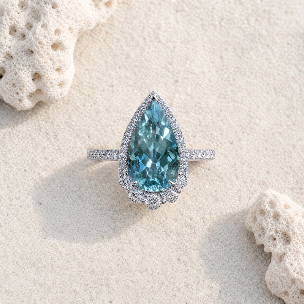18K天然海藍寶鑽石戒指 梨形 18K Natural Aquamarine Diamond Ring Pear Shape JWR-0433 - Deer Jewellery 香港珠寶
