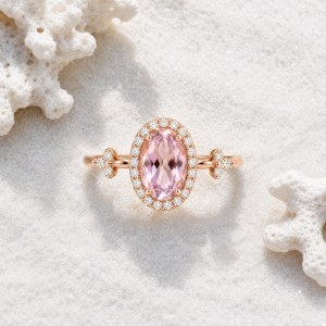 18K天然摩根石鑽石戒指 玫瑰金 18K Natural Morganite Diamond Ring Rose Gold 正面 - Deer Jewellery 香港珠寶